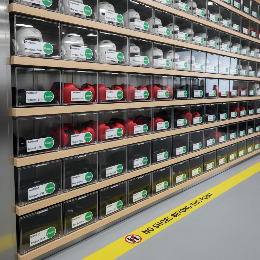 An organized martial arts equipment storage wall featuring perfectly aligned rows of sanitized headgear, gloves, and shin guards, each stored in transparent, labeled bins with small green “Disinfected” tags. The shelving is brushed stainless steel and light maple wood, reflecting a subtle sheen from soft, directional studio lighting. The floor below is spotless, with a yellow line clearly marking a no-shoes zone. Photographic realism, shot from a slightly elevated angle with a moderate depth of field, keeping the labels and sanitation tags in crisp focus while the far end of the room gently blurs. The atmosphere is calm, methodical, and highly professional, emphasizing hygienic organization.