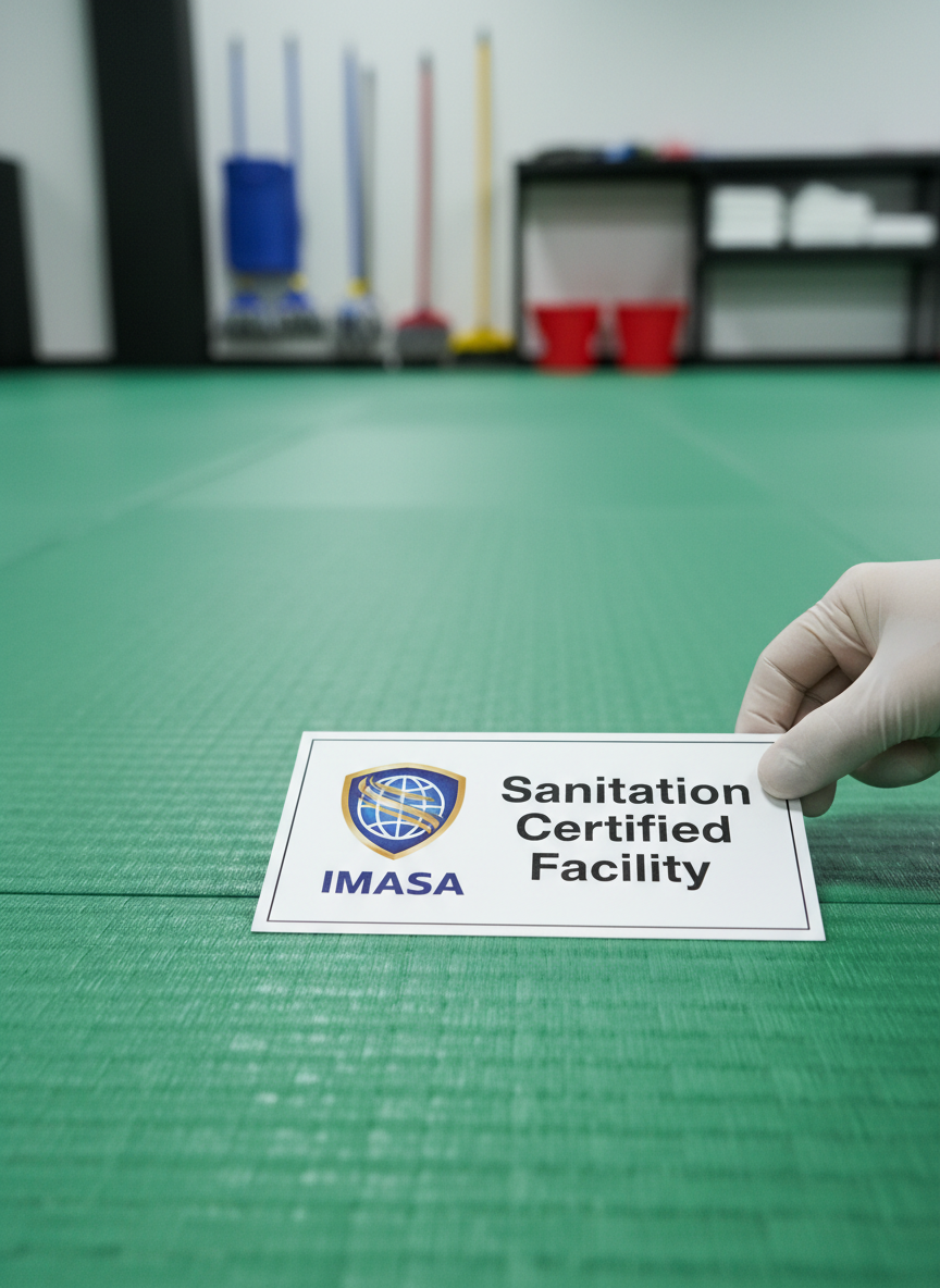 A close-up, photographic realism shot of a pristine martial arts tatami mat surface, its fine woven texture and subtle green hue clearly visible, with a gloved hand about to place a neatly printed IMASA cleanliness certification placard on the corner of the mat. The placard shows a stylized globe and shield icon beside the words “Sanitation Certified Facility” in crisp typography. Diffused, cool white overhead lighting creates minimal shadows and emphasizes the spotless, dry surface of the mat. Background elements, slightly out of focus, suggest a larger training area with color-coded cleaning equipment racks. The mood is authoritative and precise, ideal for illustrating certification standards.